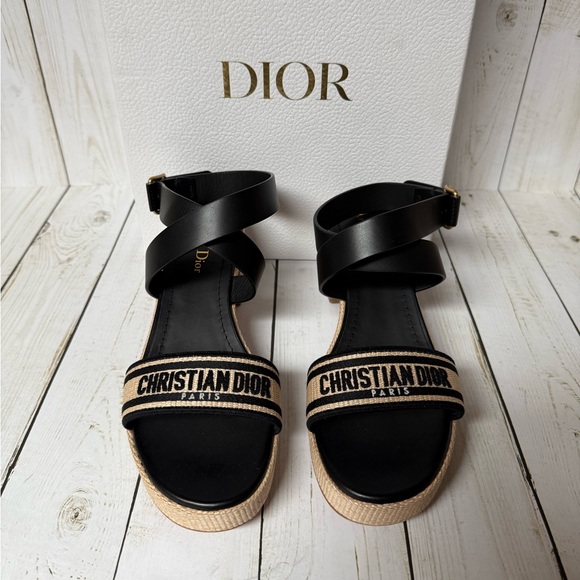 Christian Dior Calfskin Raffia Embroidered Dway Platform Sandals Sz 38.5 / 8.5 - Picture 8 of 16